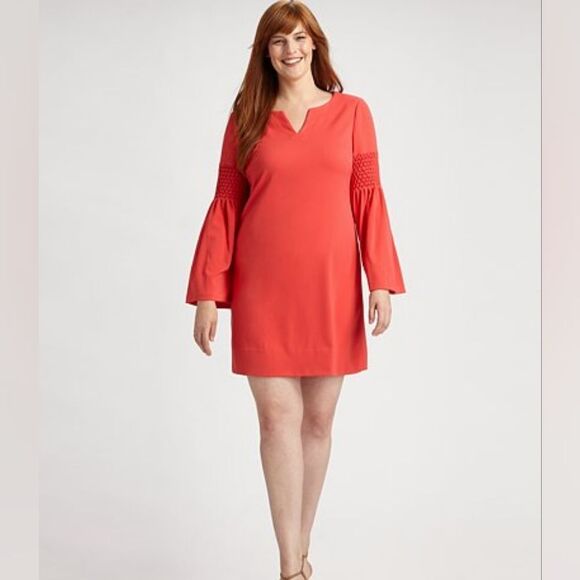 Phoebe Couture by Kay Unger Coral Smocked Designer Shift Dress Size 6 - Picture 1 of 14